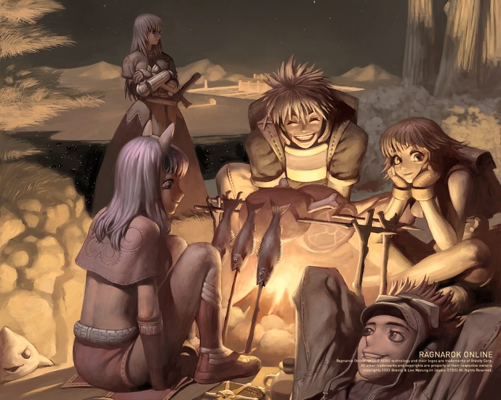 Grupo de personagens do Ragnarok Online ao redor da fogueira.